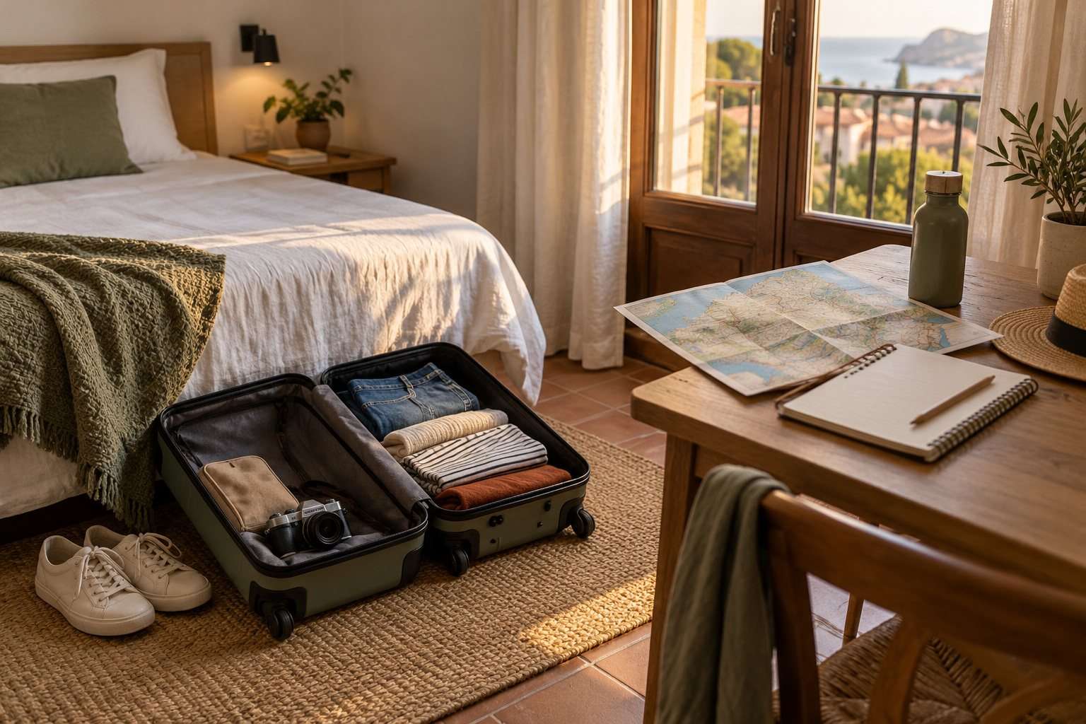 Equipaje y cuaderno de viaje en una habitación al llegar al destino.